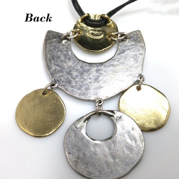 Chico's Long Gold Silver Hammered Pendant Necklace, Black Leather Cords, 35 Inch - Picture 10 of 11